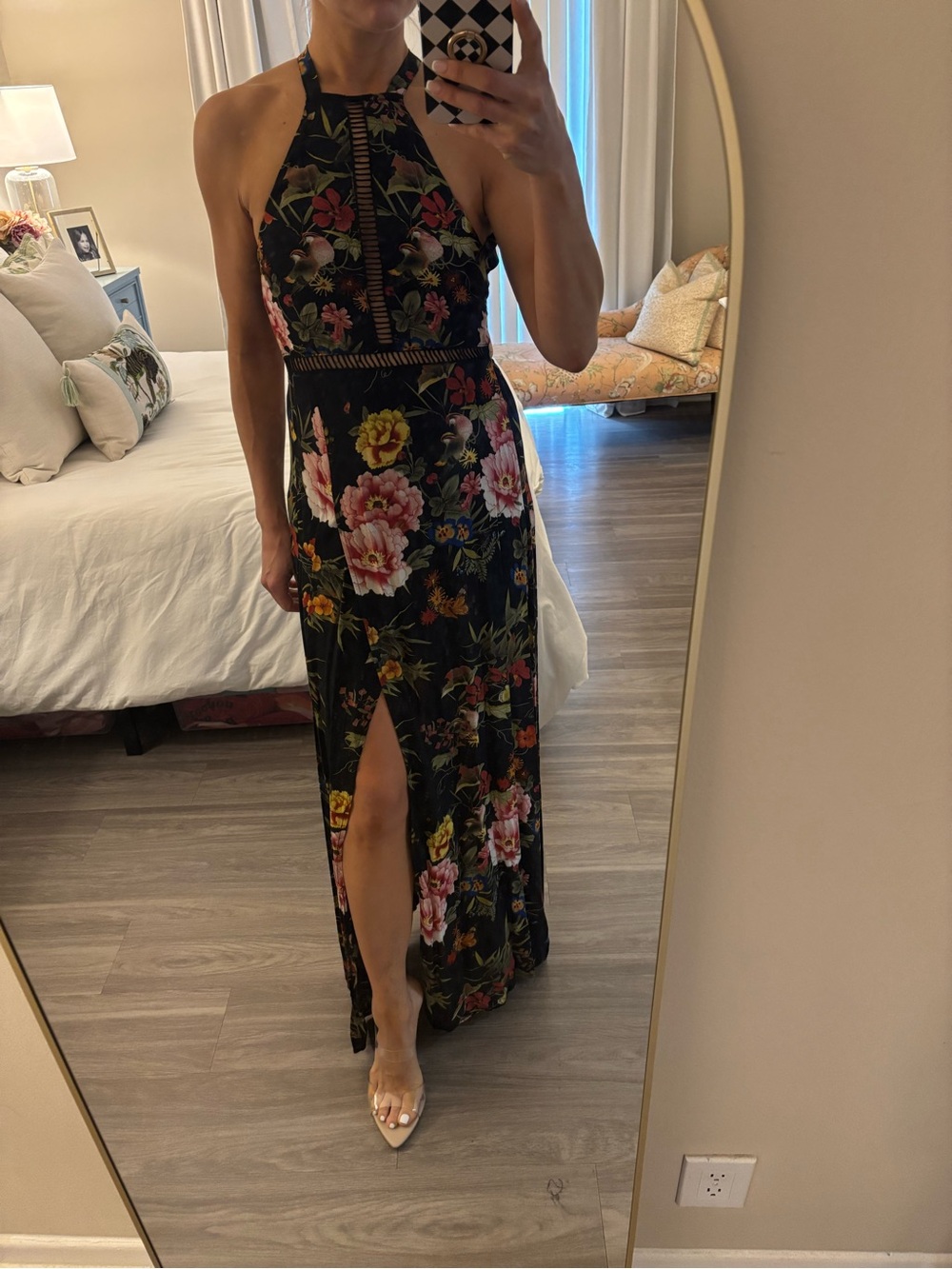 📸 LUXXEL Floral & Bird Print Halter Maxi Dress